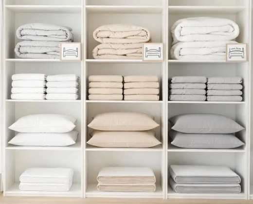 Organized bedding shelf by room and layer