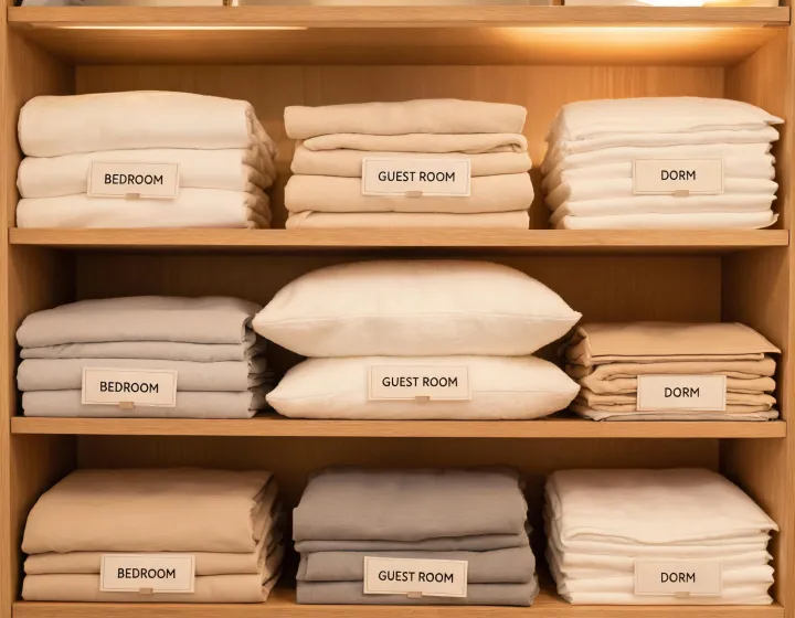 Bedding stack organized by room
