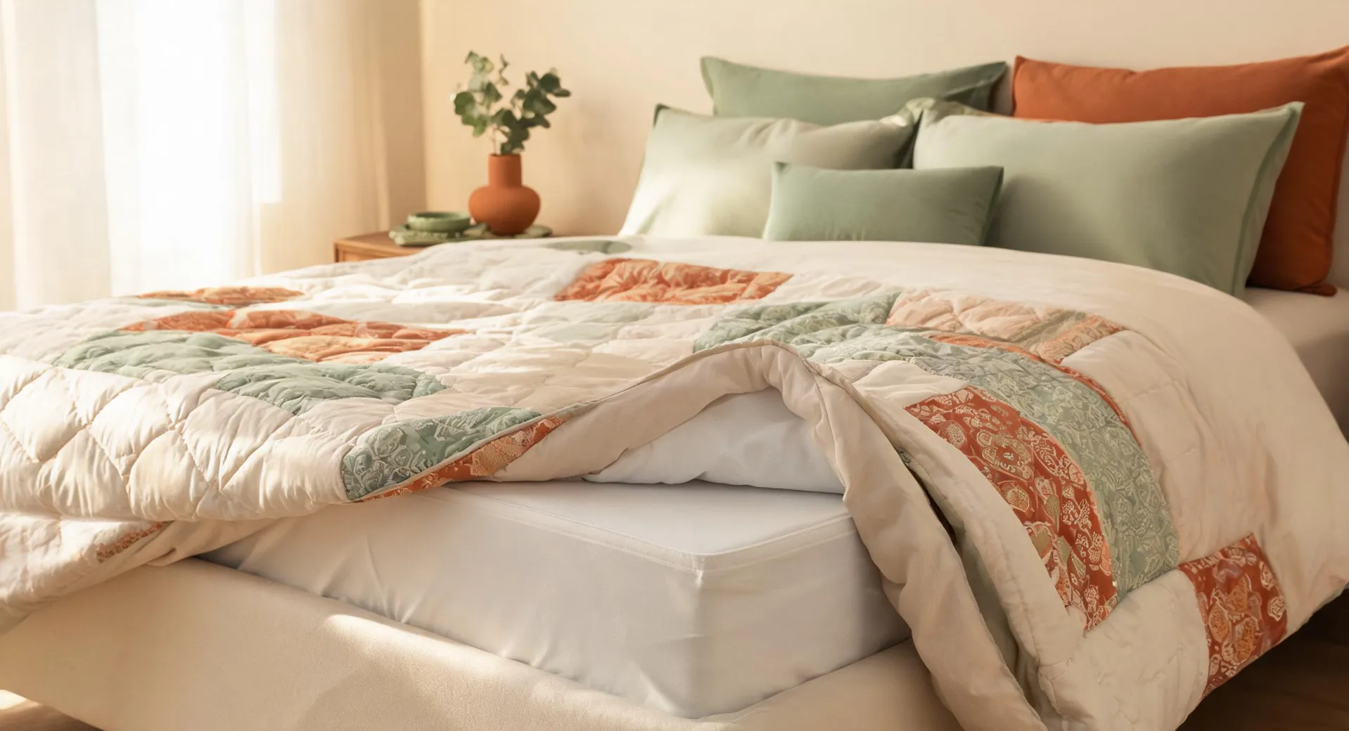 Layered Utopia Bedding comforter, sheets, mattress protector, and pillows in a calm bedroom