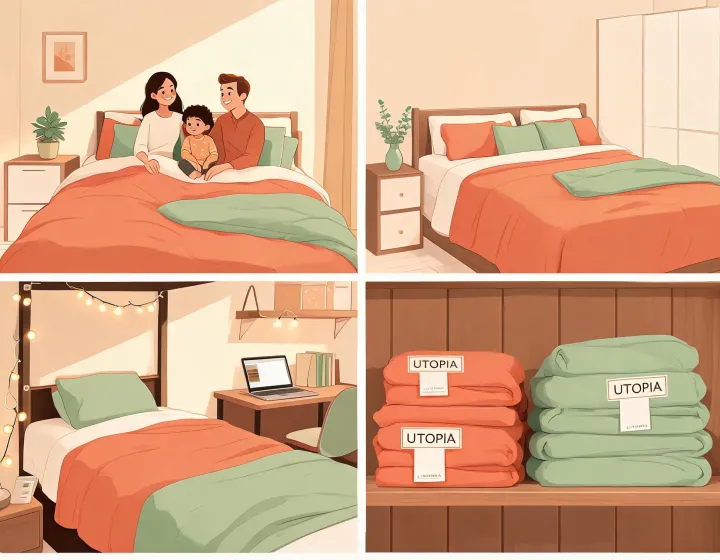 Illustrated bedding use cases across home, guest, dorm, and hospitality rooms