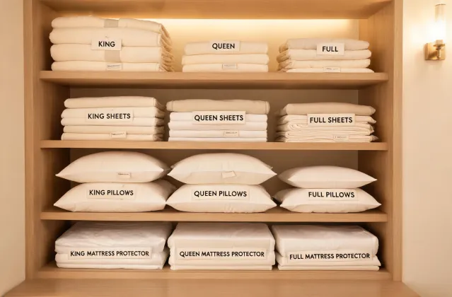 Small hospitality linen shelf with bedding inventory