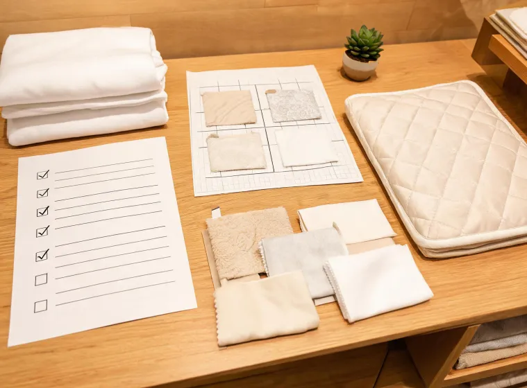 Bedding service planning table with room notes and textile samples